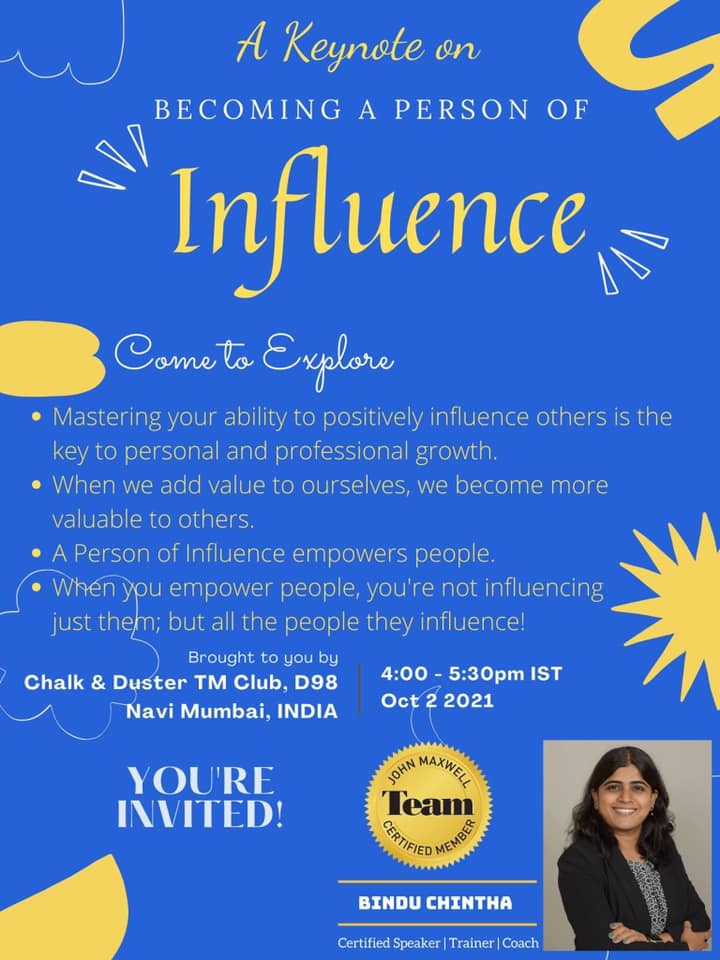 Becoming a Person of Influence – guest speaker session at Chalk and Duster Toastmasters